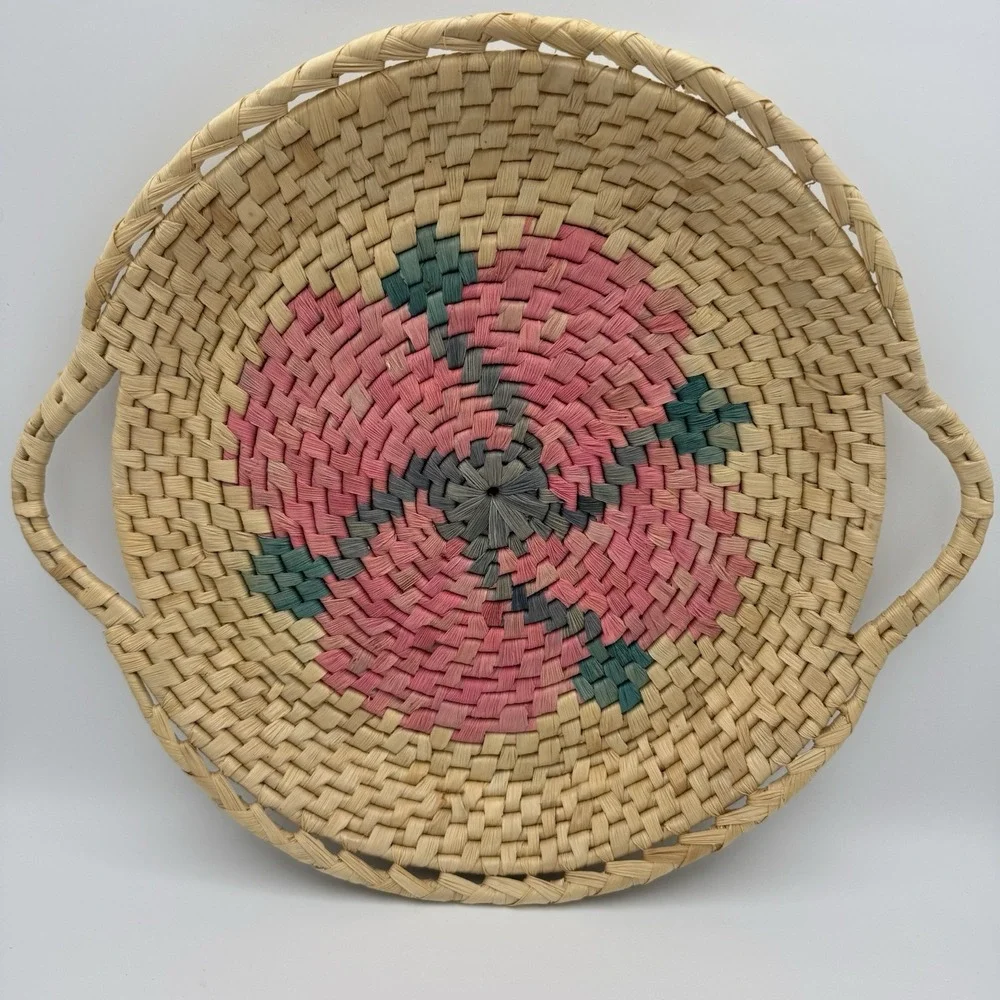 Handwoven Geometric Seagrass Straw Basket Tray w Handles Co Green Pink Flora 13
